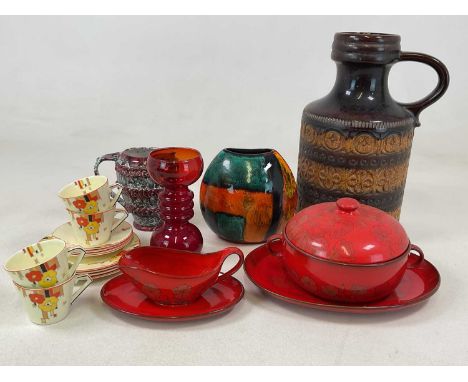 A quantity of mid 20th century decorative ceramics, comprising West German floor vase, Poole pottery vase, Italian pottery ju