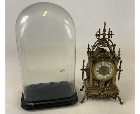 A late 19th century French brass mantel clock, with signed eight day movement, Arabic numerals to the chapter ring and with e