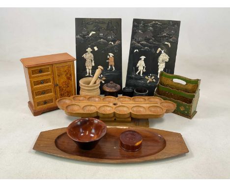 A collection of of various wooden items, to include a pair of Chinese ebonised panels, bowls, jewellery cabinet, letter rack 