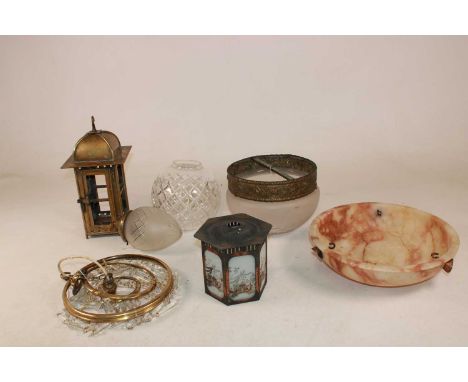 An alasbater plafonnier, a frosted glass light fitting, two further light fittings, a glass globe and a ceiling light.