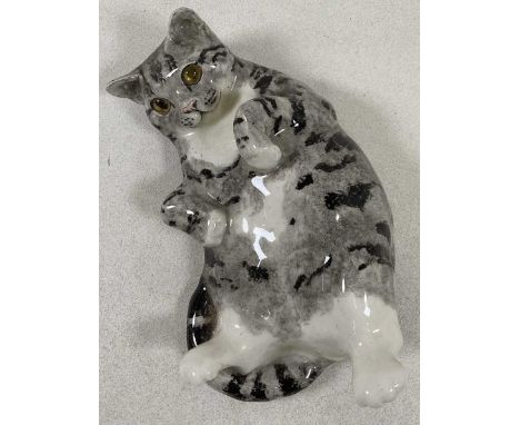 WINSTANLEY; a pottery cat in the 'tickle my tummy' position, signed and marked number 5 to base, length 30cm.