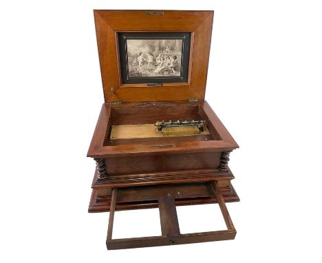 BREVETÉ; a Victorian walnut double comb tabletop Polyphon, with marquetry inlaid hinged lid, pictorial inner detail and retai