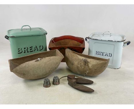 A vintage green enamelled 'Bread' bin, similar white enamelled example, a truck and two vintage rustic bowls (5).