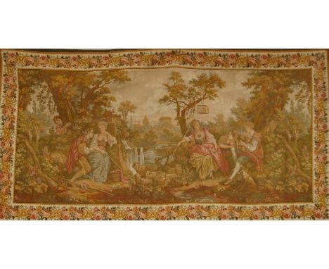 A modern tapestry, in the 18thC fashion depicting figures in a classical landscape within a rose scroll border, 92cm x 172cm