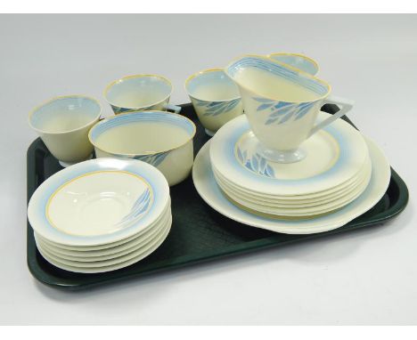 A Royal Doulton Scala pattern Art Nouveau style tea service, including milk jug, sugar basin and bread and butter plate, four