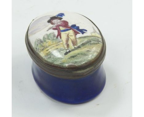 A George III enamelled patch box, the lid painted with a child in the countryside playing a piccolo