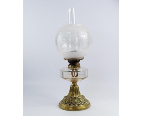 A Victorian Hinks Duplex No 2 brass lamp, with clear glass reservoir and etched glass globe shade, 54cm high