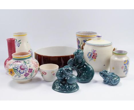 Poole Pottery, including biscuit barrel, vases, serving plates, etc, (2 trays)