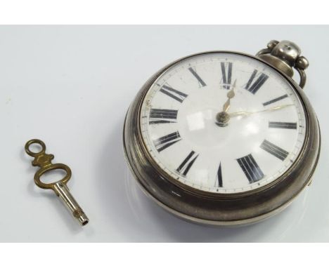 A William IV silver pair cased pocket watch, marked for Thos Willson, Spalding no. 1530 fusee movement and enamel dial with R