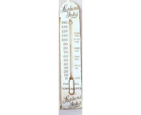 A vintage Stephens Ink enamelled tin advertising sign, in the form of a thermometer, lacks thermometer tube, 154cm high