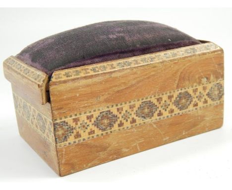 A small Tunbridgeware rectangular sewing box, with sliding pin cushion lid