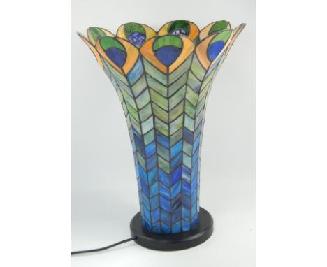 A coloured leaded glass 'Peacock feather' table lamp, 48cm high