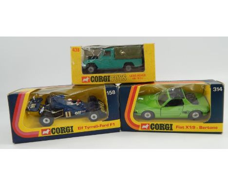 Corgi diecast vehicles, comprising Land Rover, Elf Tyrrell Ford Formula 1, and a Fiat X19, boxed