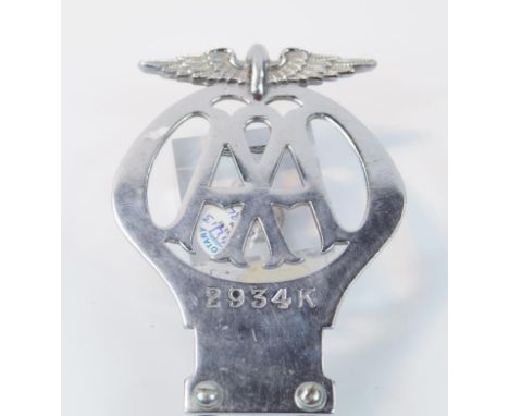 An Automobile Association flat chrome membership badge, Membership No 2934K