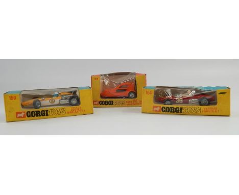 Corgi diecast toys, including Cooper, Maserati, Bond Bug and Ferrari Formula 1, (3)