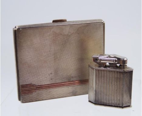 A George V silver cigarette case, with silver gilt interior, Birmingham 1932, 2 1/2oz, and an Art Deco cigarette lighter, (2)