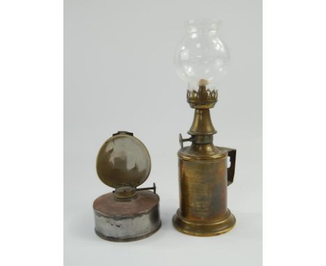 A vintage brass French miniature oil lamp, stamped Lampe Pigeon, with glass shade and another small oil lamp, (2)