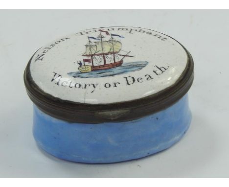 A George III enamelled patch box, emblazoned with Nelson Triumphant Victory or Death, and HMS Victory