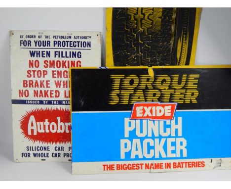 Automobile interest, a collection of tinplate and plastic signs including Autobrite, Pirelli and Exide, (5)