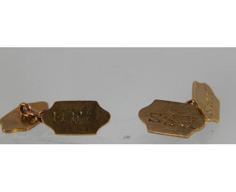 A pair of yellow metal cufflinks, engraved H. F-S, and marked 9ct, 7.5g
