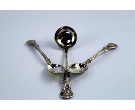 A Victorian Queen's pattern sauce ladle, London 1843, initialled 'H', and a pair of early Victorian teaspoons, London 1839, 4