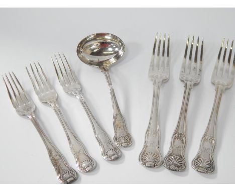 A George III silver sauce ladle, and a composite collection of three later Queen's pattern dinner forks and three Queen's pat