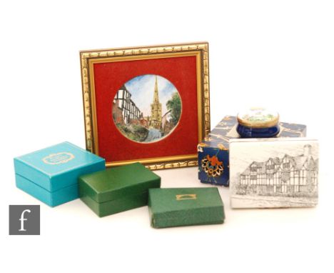 A 20th Century Bilston enamelled cigarette box, cedar lined and lid depicting Shakespeare's house, together with a similar fr