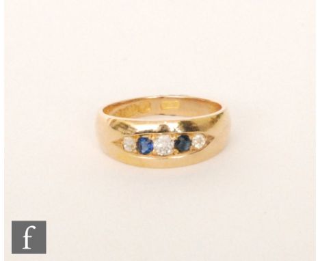 A Victorian 18ct hallmarked sapphire and diamond five stone, boat shaped ring, alternating stone to a heavy shank, Birmingham