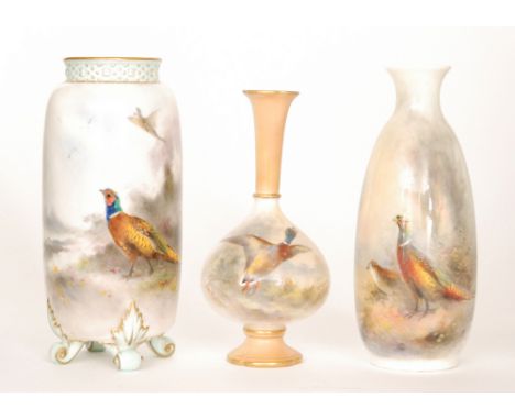 Three pieces of Royal Worcester with hand painted decoration by Jas Stinton, comprising a shape G42 vase of cylindrical form 