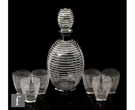 A 20th Century Czechoslovakian decanter of ovoid form, decorated with white bands with silver plated collar and foot rim, wit