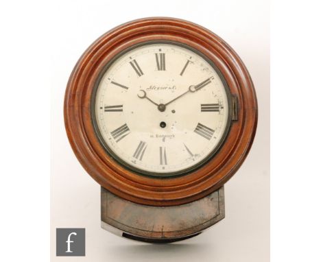 A 19th Century circular mahogany drop dial wall clock with single fusee movement, the painted dial signed K Leyser &amp; Co 6