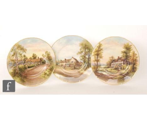 Three Royal Worcester cabinet or wall plates comprising one decorated by Rushton with a scene of Elmley and two by Harry Davi