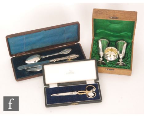 A collection of cased silver plated flatware and similar, comprising a late 19th Century knife, fork and spoon set by Joseph 