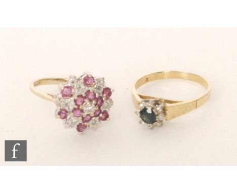 An 18ct sapphire and diamond cluster ring, with a similar 9ct hallmarked ruby and diamond example. (2) 
