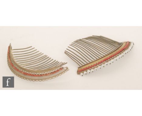 An early 20th Century comb tiara with a band of coral beads and printed foliate and pierced decoration, together with another