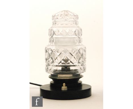 A Royal Brierley cut glass table lamp of stepped cylindrical form, cut in a diamond pattern with a radial star to vent top, m