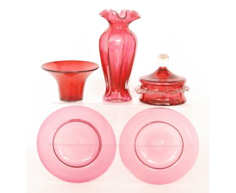 Five pieces of late 19th Century Stourbridge ruby glass, comprising of two ice plates, a preseve pot with lid with applied cl