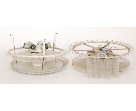 A pair of post war metal circular light fittings each with cylindrical tube effect drops. (2)