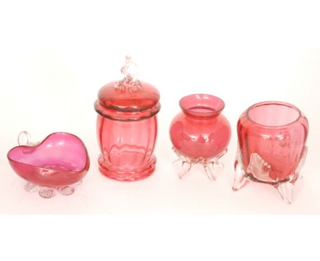 A selection of late 19th Century Stourbridge ruby glass items, to include a sweetmeat jar with cover, a sweetmeat dish and tw