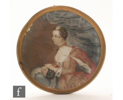 FRENCH SCHOOL (LATE 18TH CENTURY) - A beauty unmasked, enamel on a concave ceramic dish, with later gilt metal frame, diamete