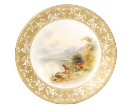 An early 20th Century Royal Worcester cabinet plate decorated by J. Stinton with hand painted Highland cattle in a mountainou