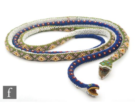 A First World War Turkish Prisoner of War beadwork snake, green and dated 1917, length 128cm, and a similar blue snake, lengh