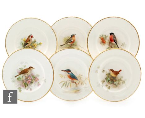 A set of six Royal Worcester side plates decorated by W. Powell, each with a hand painted bird to the central well comprising