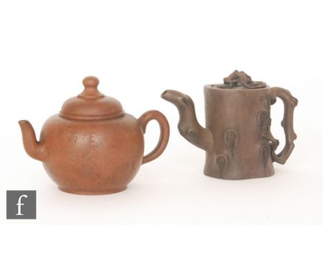 Two Chinese Yixing style teapots, the first of globular form with domed top and finial, with short spout and loop handle, cha