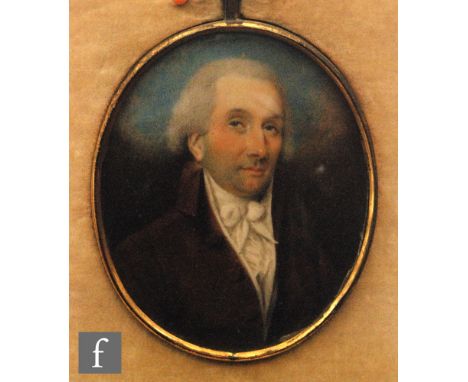 ENGLISH SCHOOL (CIRCA 1800) - Portrait of a gentleman wearing a stock and overcoat, watercolour miniature on ivory, oval, 8cm