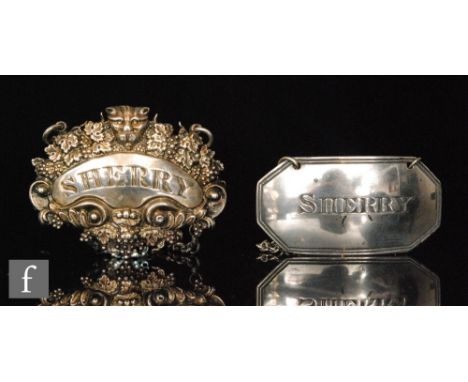 A hallmarked silver decanter label, engraved 'Sherry' with ornate fruit and leaf border below a lion's head, London 1817, Dan