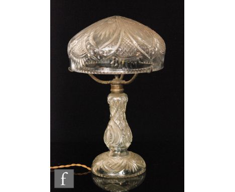 A 20th Century Stourbridge cut crystal lamp with a mushroom shade on a baluster column with domed foot, with cut diamonds, fa