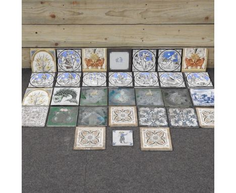A collection of 19th century tiles, to include Mintons, Delft and a Willam De Morgan green fish tile, Tudor Rose backstamp fo
