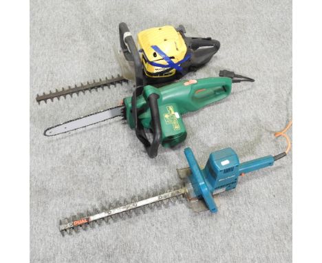 A Black &amp; Decker electric chainsaw, together with two hedge trimmers 