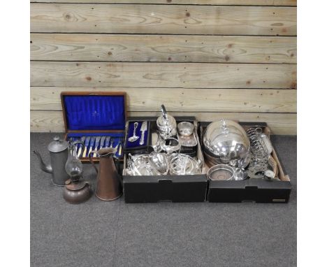 Three boxes of items, to include two silver back brushes, an oil lamp, and brass and pewter items